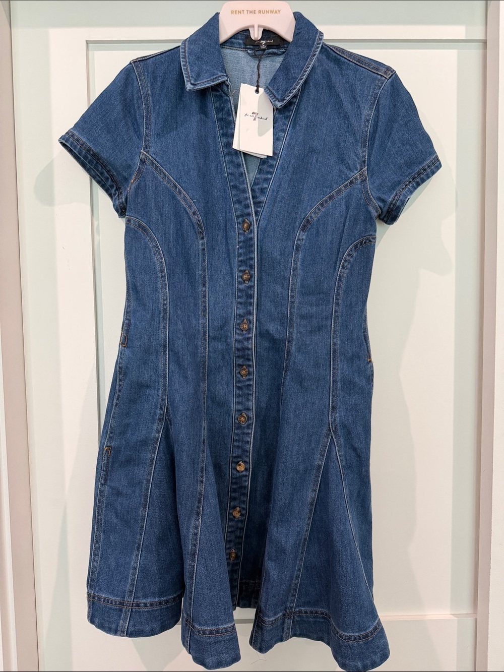 7 For All Mankind Denim Button-Front Short Sleeve Dress - Blue
